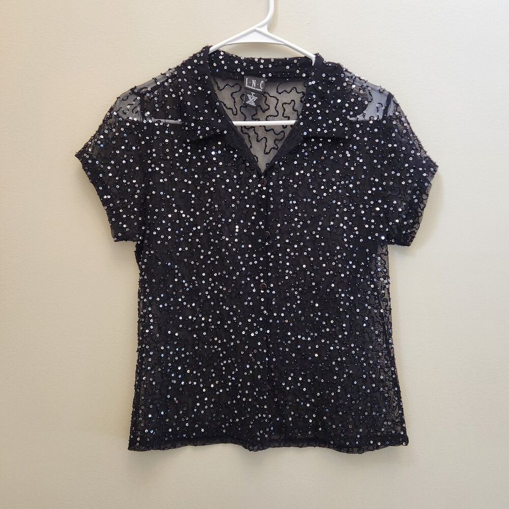 Vtg 90s/early 2000s Y2k INC Sheer Sequin Button Up Top Black Cocktail Party Glam